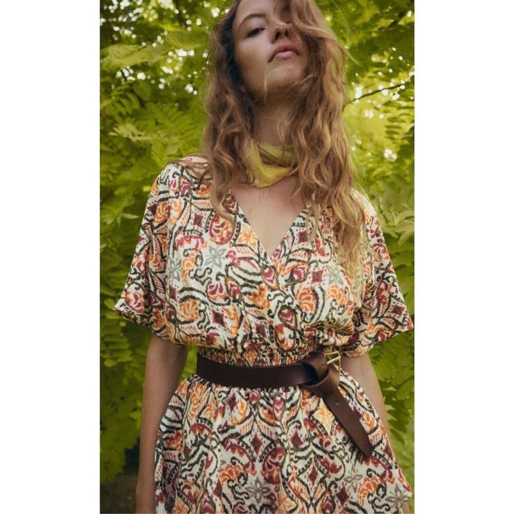 Zara AOP Ikat Print Tiered Elastic Waist Dress Tan Green Tribal MEDIUM Boho Chic - Picture 2 of 10